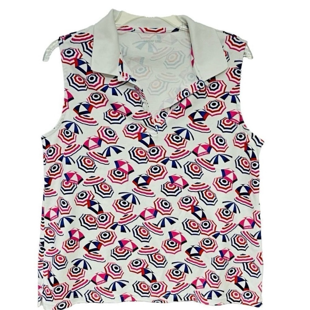 Lands’ End Top Red Blue White Umbrella Print Collar Polo Sleeveless Shirt Size L